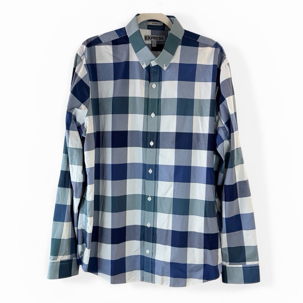 Express Fitted Plaid Button Down Dress Shirt Men XL Blue Teal Check